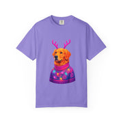 Golden Retriever with Antlers sweater T-Shirt | Neon Holiday Dog Design