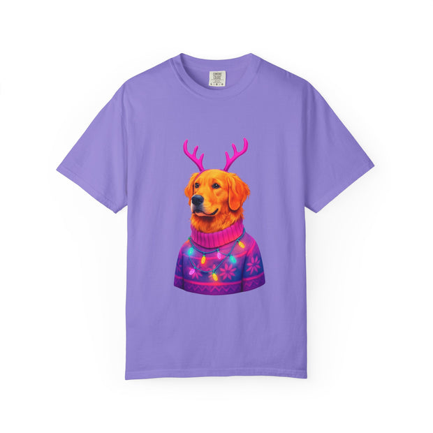 Golden Retriever with Antlers sweater T-Shirt | Neon Holiday Dog Design