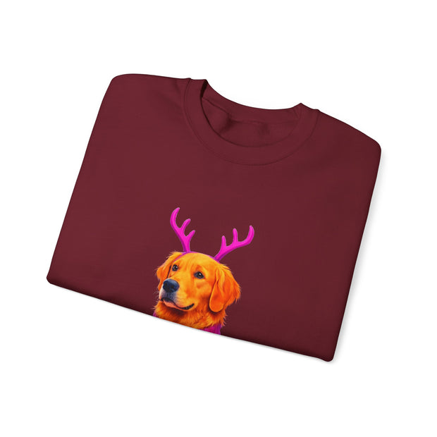 Golden Retriever in Festive Sweater Sweatshirt | Reindeer Antlers Holiday Dog