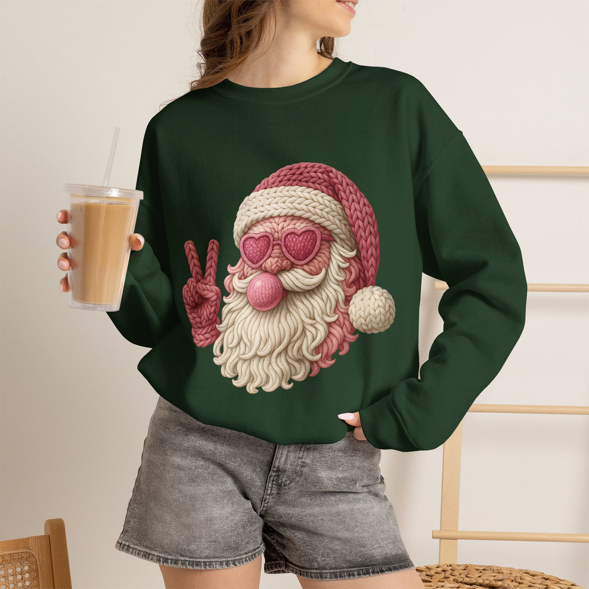 Pink Sunglasses Peace Sign Santa Sweatshirt | Retro Holiday Cozy