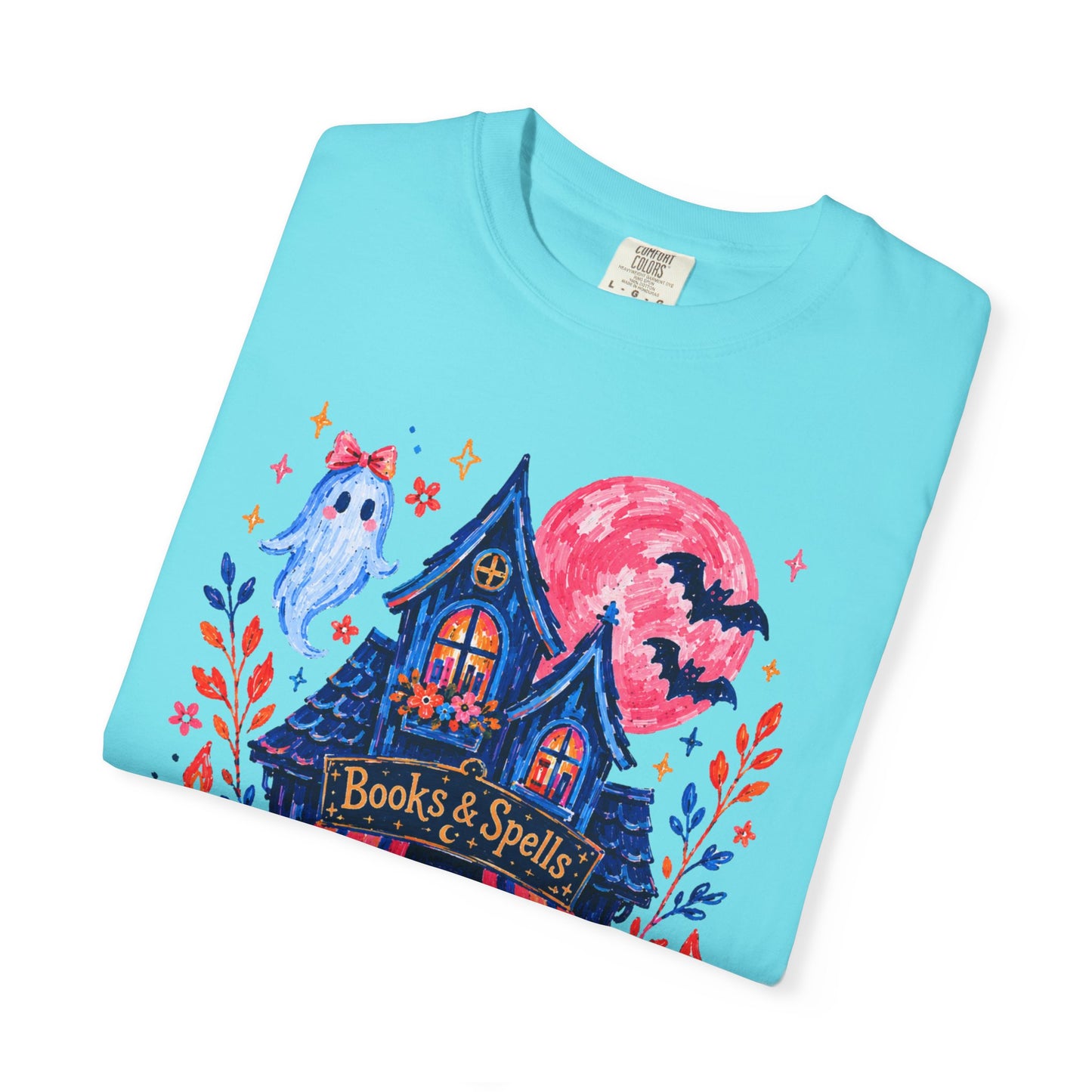 Books & Spells T-Shirt, Witchy Bookstore Halloween Shirt, Cozy Book Lover Tee, Black Cat Ghost Pumpkin Graphic, Booktok Fall Shirt