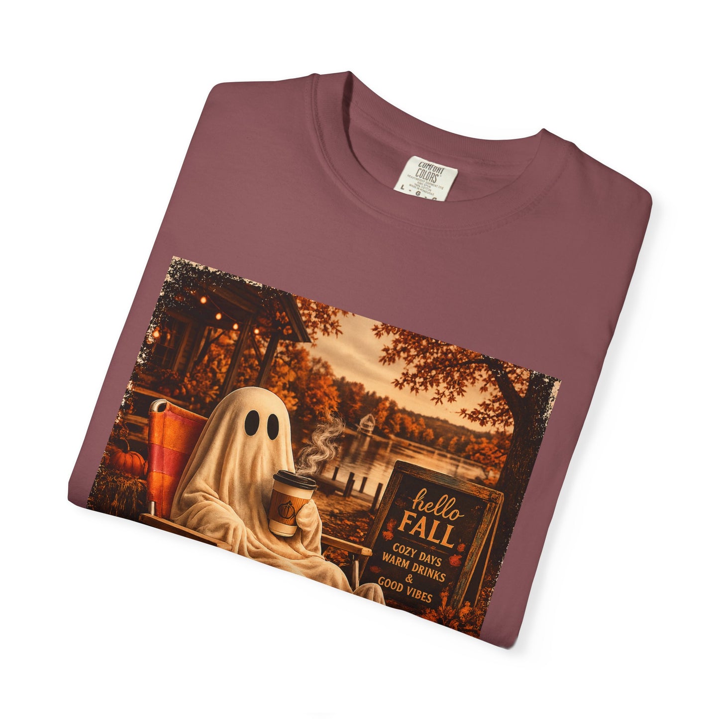 Cozy Ghost in Chair Fall T-shirt | Autumn Leaves, Retro Halloween Scene, Summerween