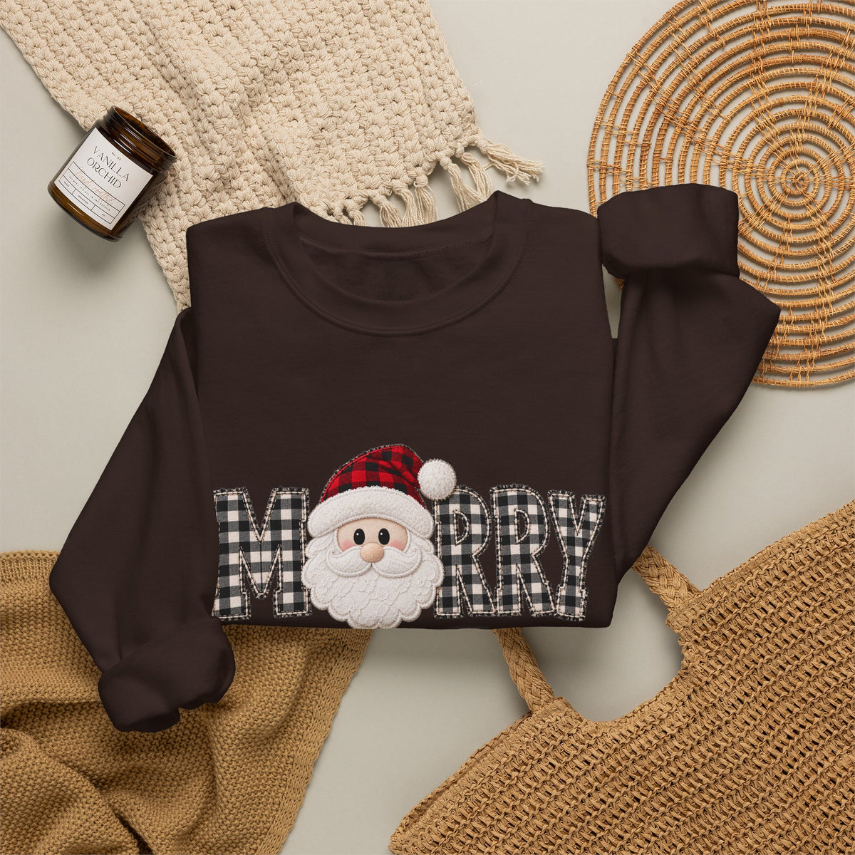 Merry Christmas Sweatshirt, Santa Christmas Crewneck, Plaid Holiday Sweater, Cute Santa Shirt, Cozy Christmas Gift for Her