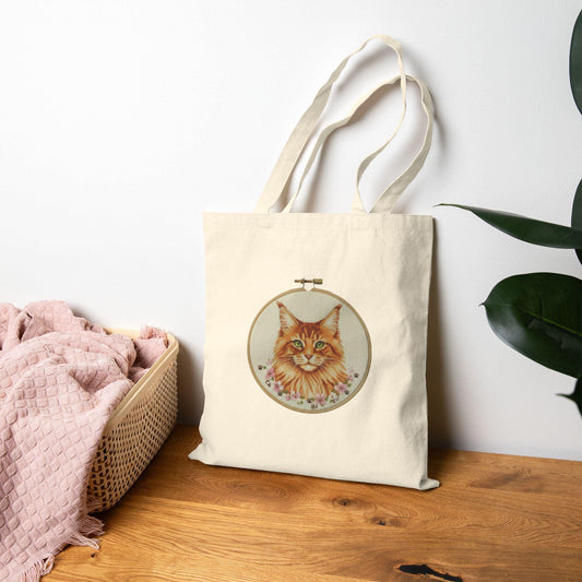 Embroidered Inspired Orange Tabby Cat Tote Bag | Cat Portrait Canvas Tote