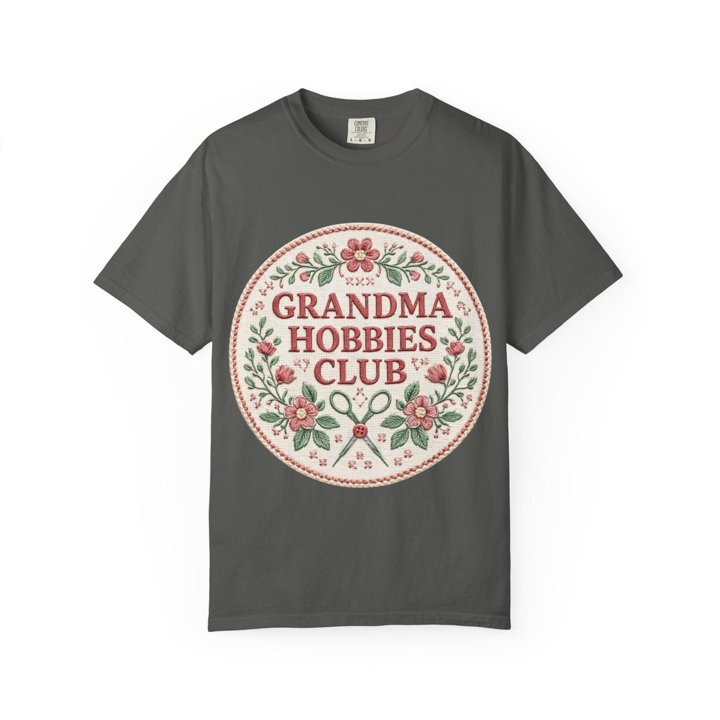Grandma Hobbies Club T-shirt | Floral Needlework Scissors Embroidery Design
