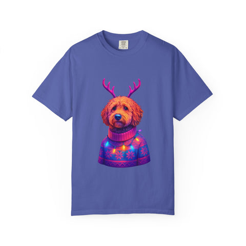 Golden Doodle in Reindeer Antler Sweater T-Shirt | Holiday Dog Portrait