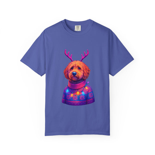 Golden Doodle in Reindeer Antler Sweater T-Shirt | Holiday Dog Portrait