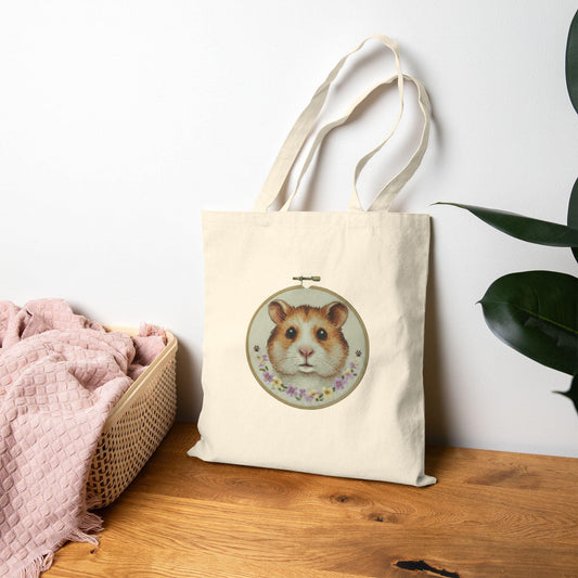 Cute Hamster Portrait Tote Bag | Embroidery Hoop Floral Accent
