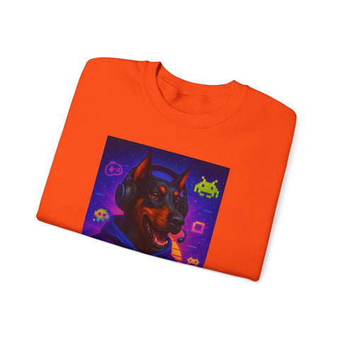 Gaming Doberman Graphic Crewneck Sweatshirt | Retro Arcade Dog Gamer