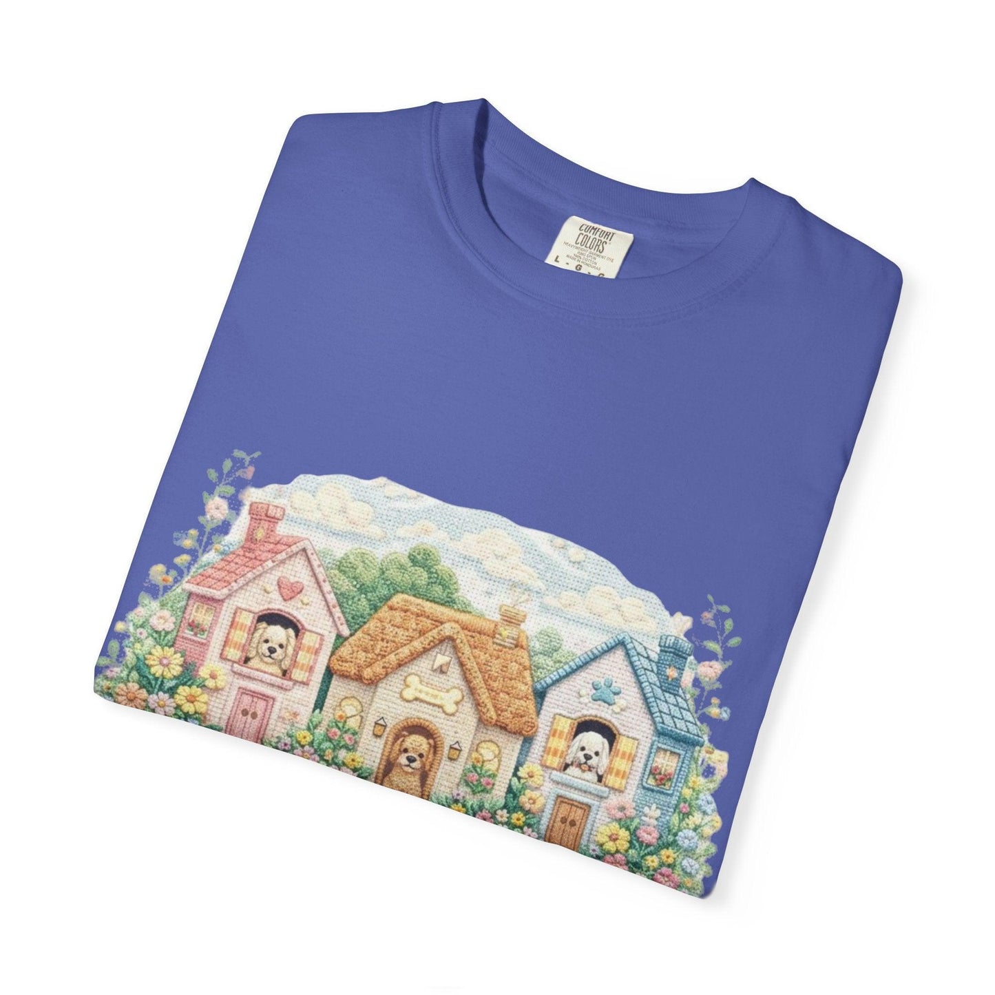 Cute Cottage Row illustration T-shirt | pastel village floral path