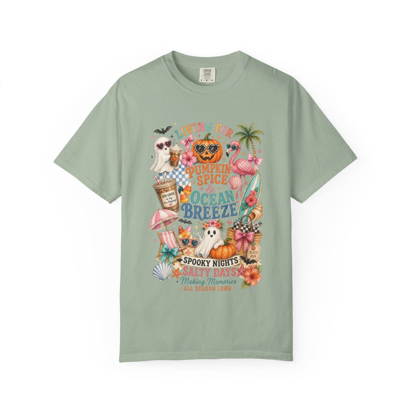 Pumpkin Spice & Ocean Breeze T-Shirt, Summerween Flamingo Shirt, Halloween Beach Tee, Tropical Spooky Season Graphic, Fall Vacation Shirt