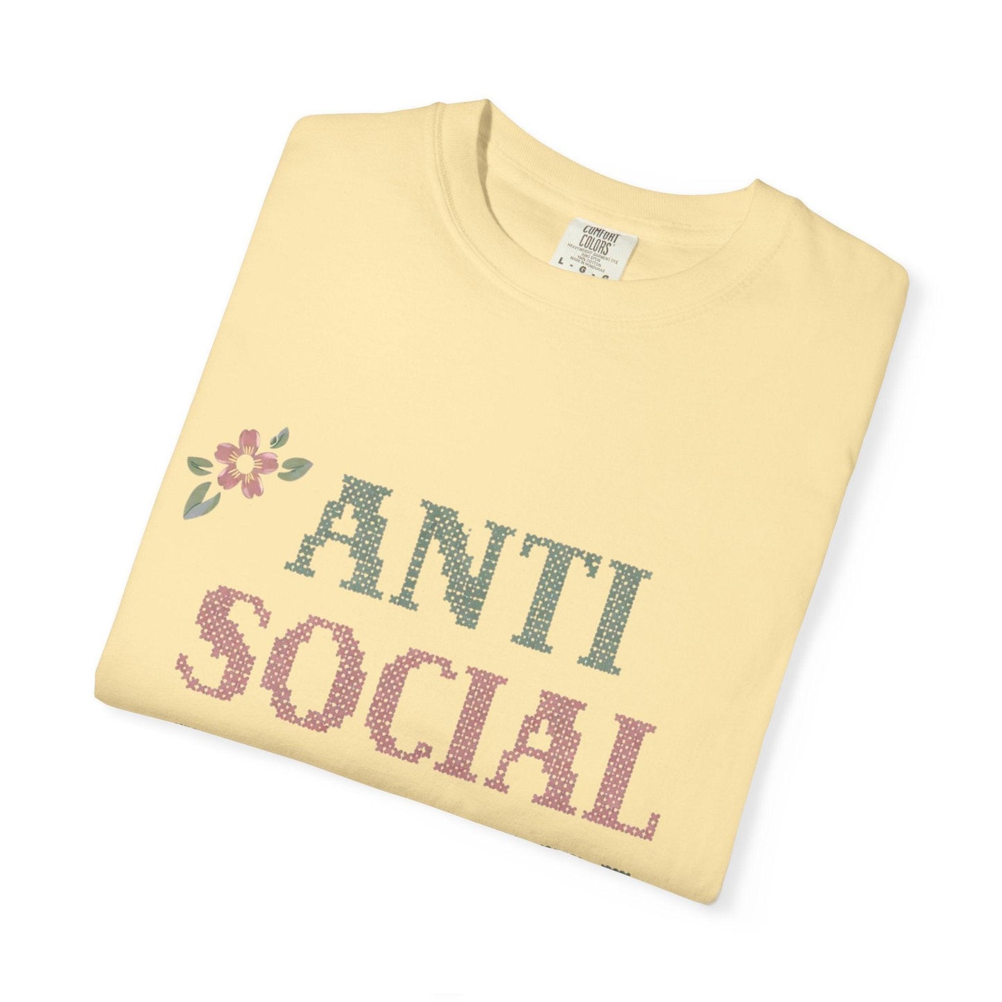 Anti Social Stitch Club T-shirt | Cross Stitch Floral Text Design