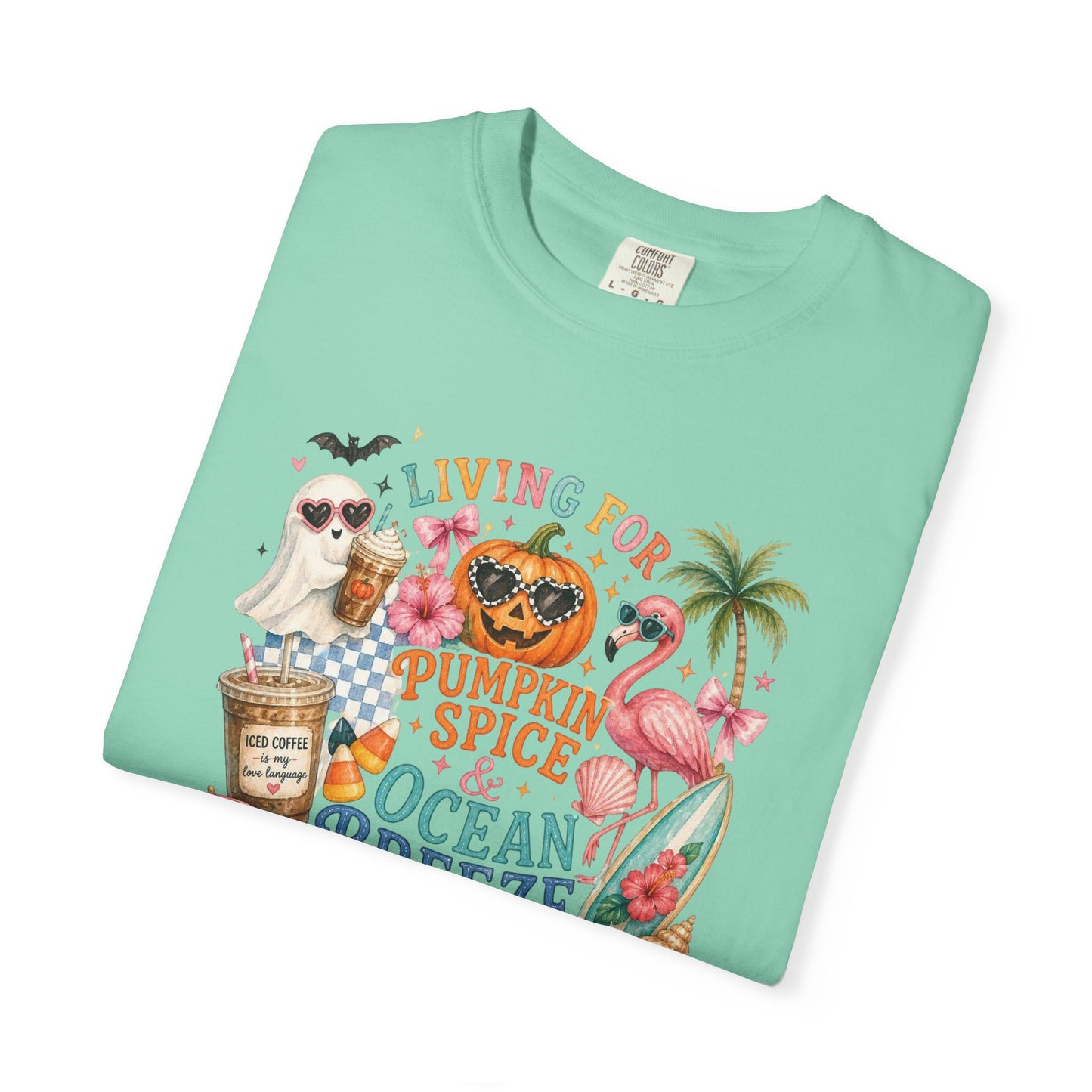 Pumpkin Spice & Ocean Breeze T-Shirt, Summerween Flamingo Shirt, Halloween Beach Tee, Tropical Spooky Season Graphic, Fall Vacation Shirt