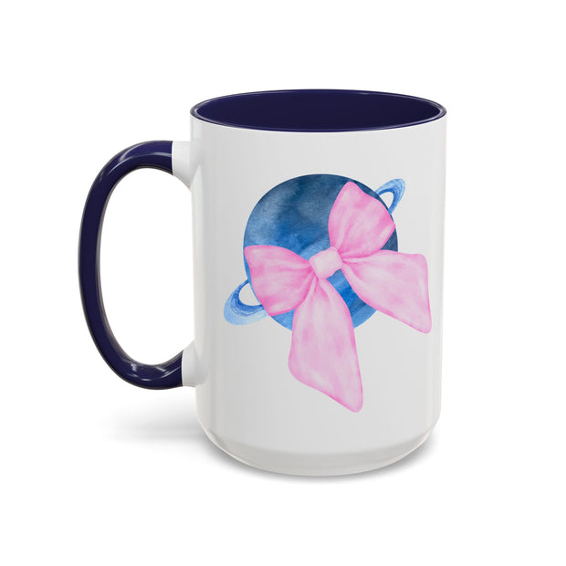 Blue Saturn Wrapped In A Pink Bow Accent Coffee Mug
