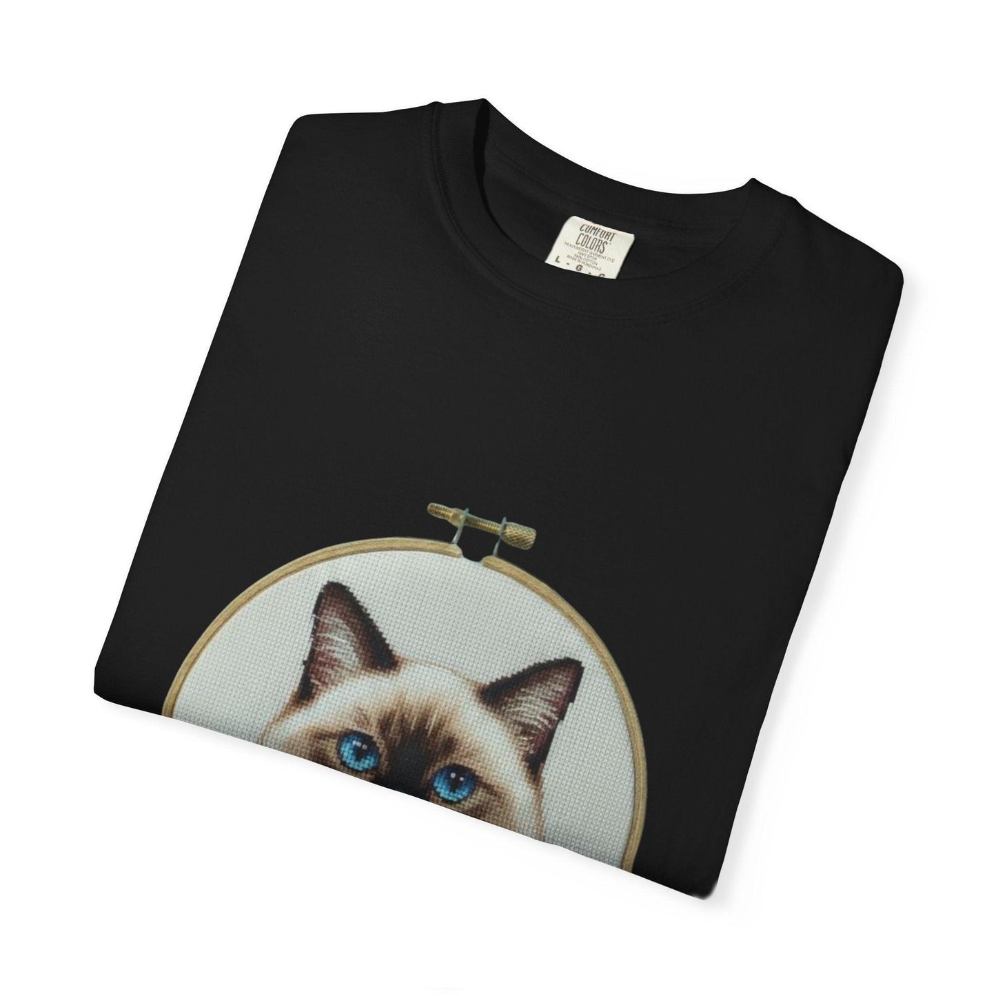 Blue-Eyed Siamese Cat Portrait T-Shirt | Embroidery Hoop Floral Design