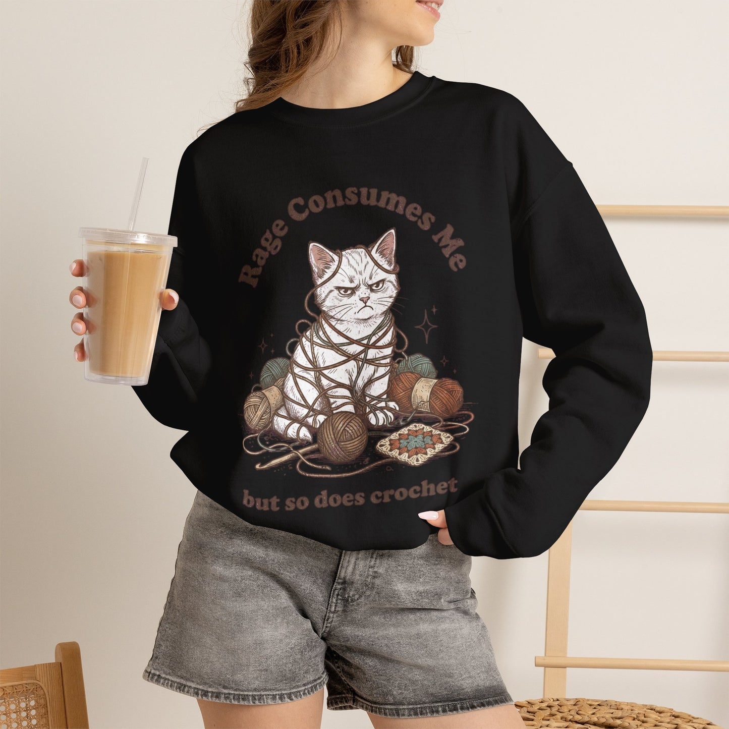 Rage Consumes Me Crochet Cat Shirt, Funny Knitting Tee, Grandma Hobbies Sweatshirt