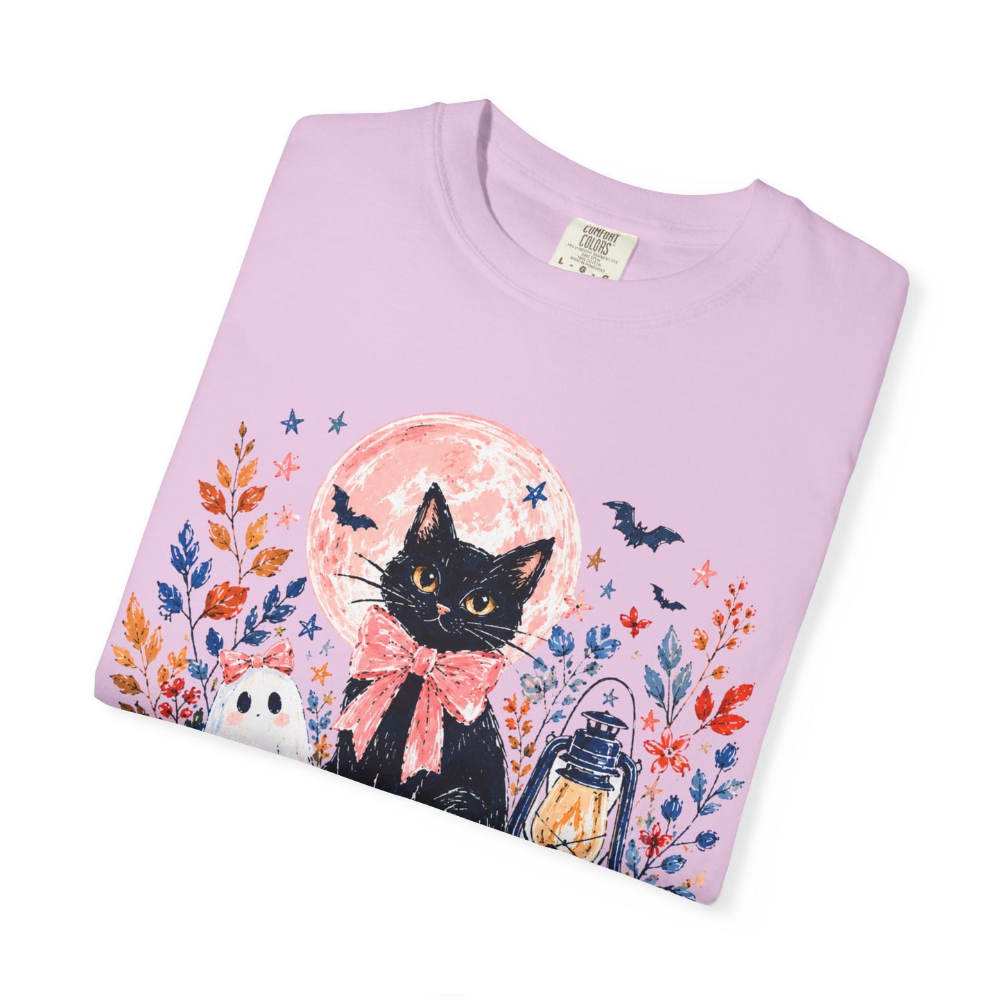 Black Cat with Pumpkins T-shirt | Halloween Moon Lantern Floral Design