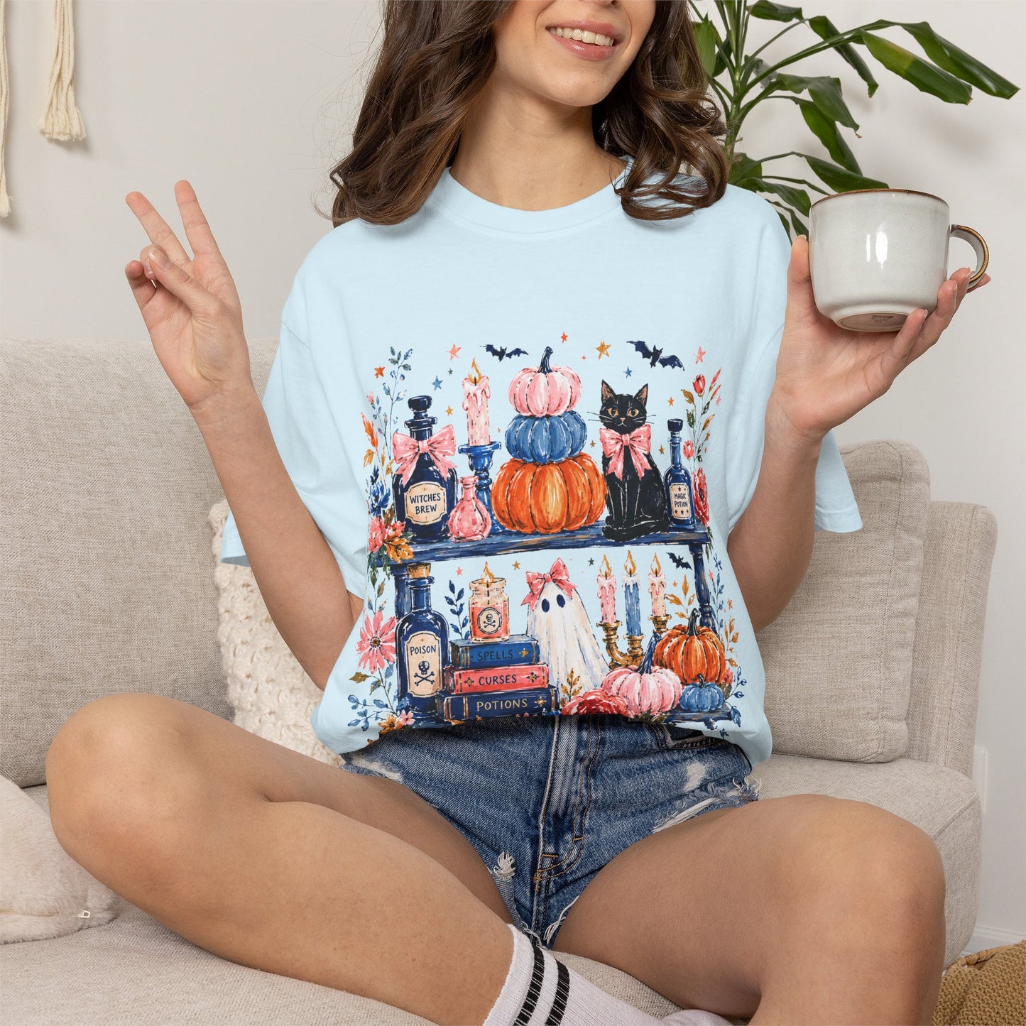 Autumn Apothecary Illustration T-shirt | Pumpkins, Black Cat, Potion Bottles