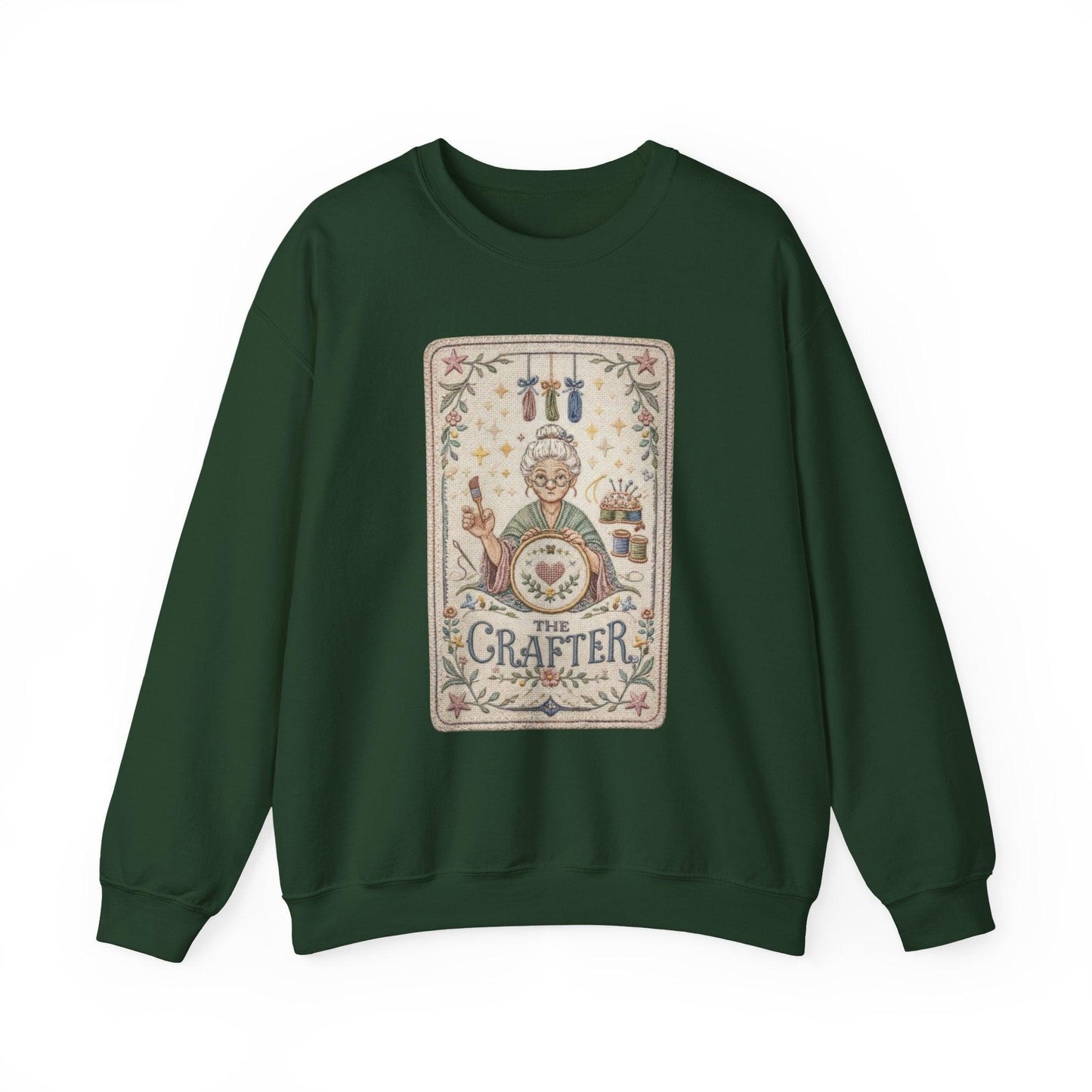 The Crafter illustration Crewneck Sweatshirt | Vintage craft tools, floral frame