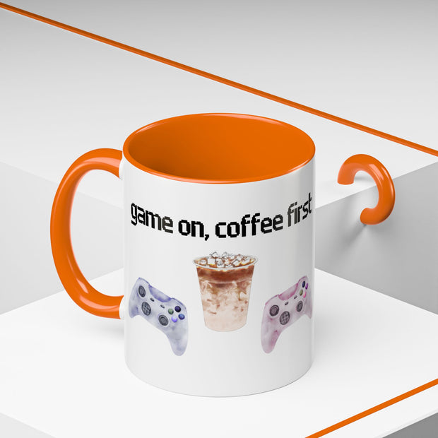 'Game On, Coffee First' Accent Coffee Mug