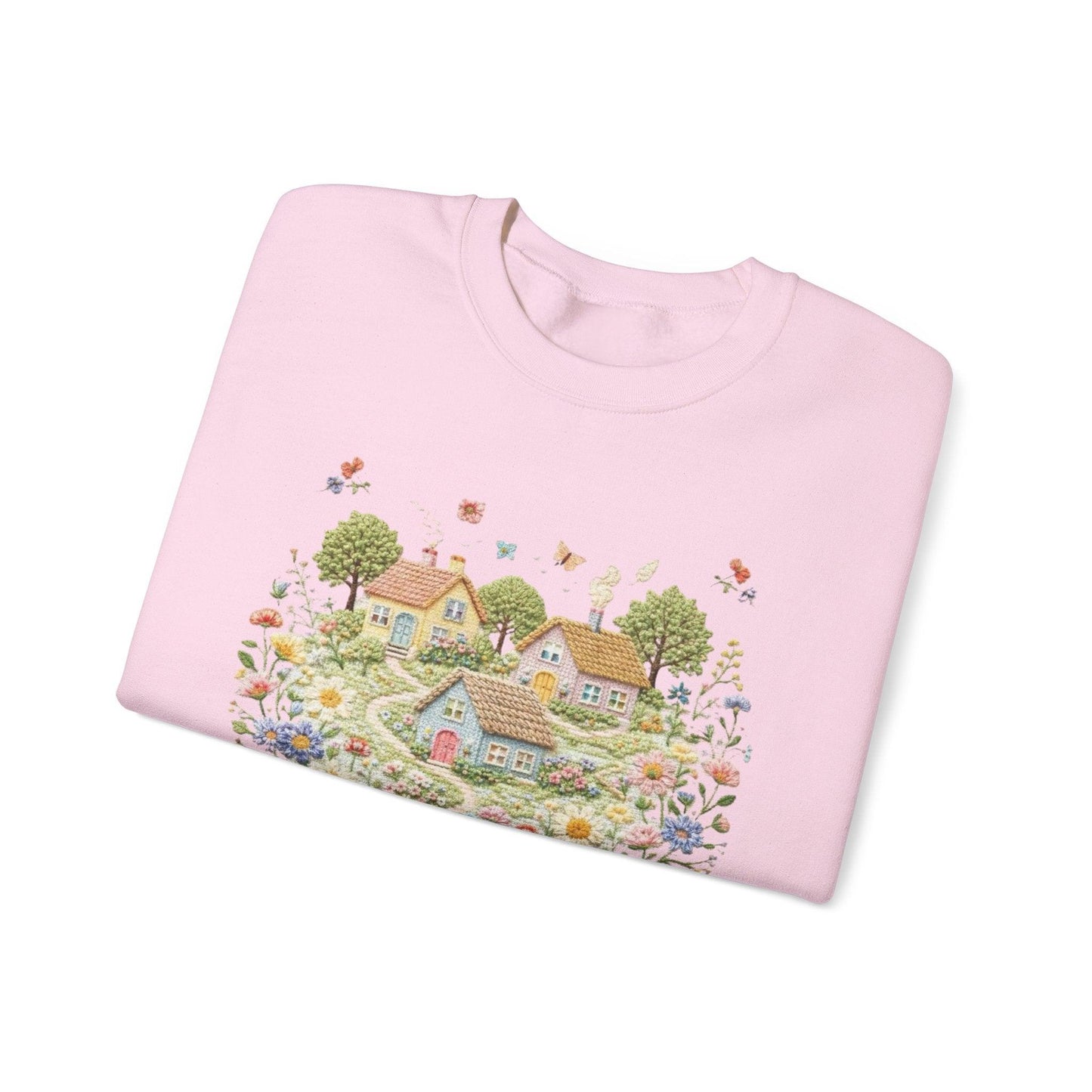 Cottage Garden Illustration Sweatshirt | Floral Village Scene, Cozy Spring