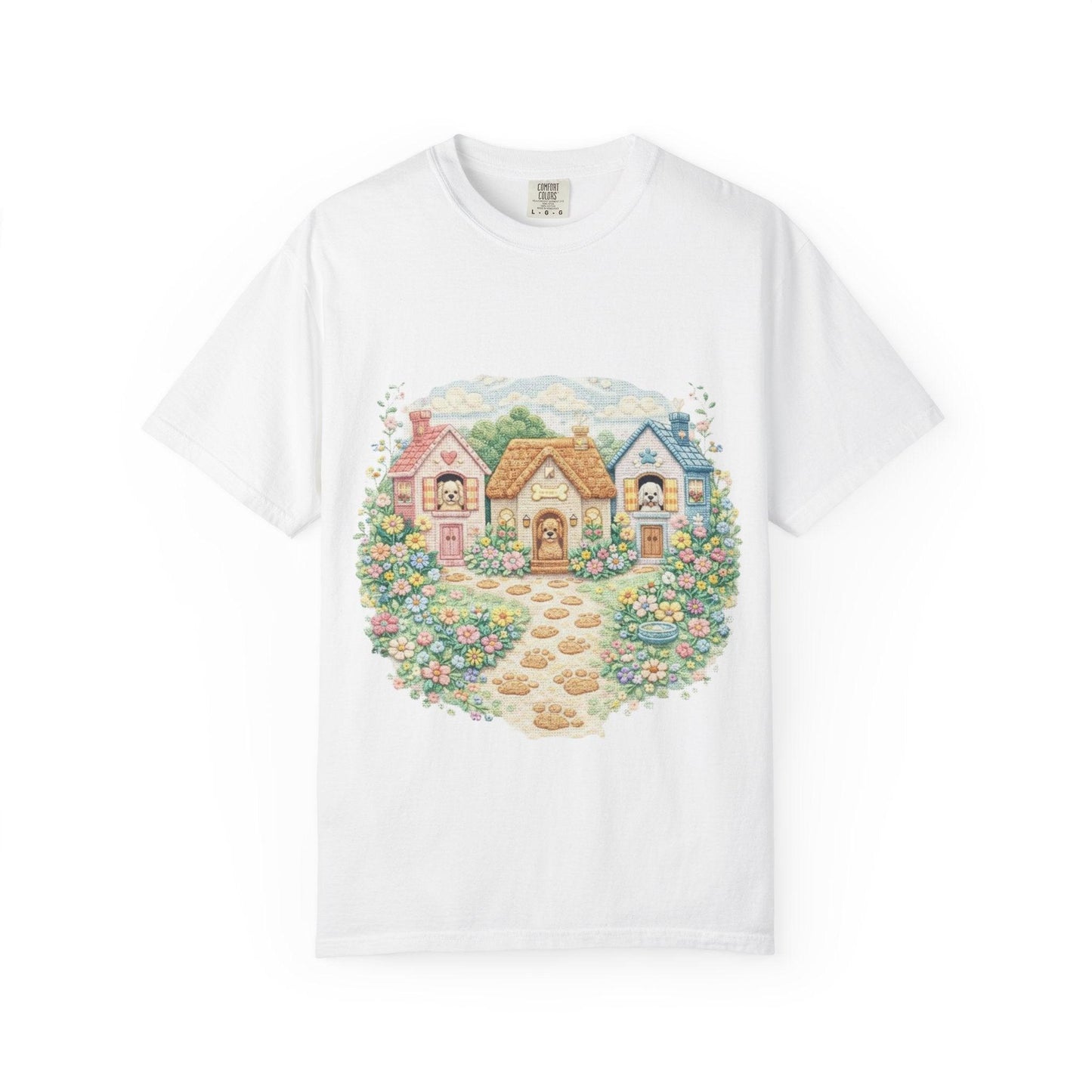 Cute Cottage Row illustration T-shirt | pastel village floral path