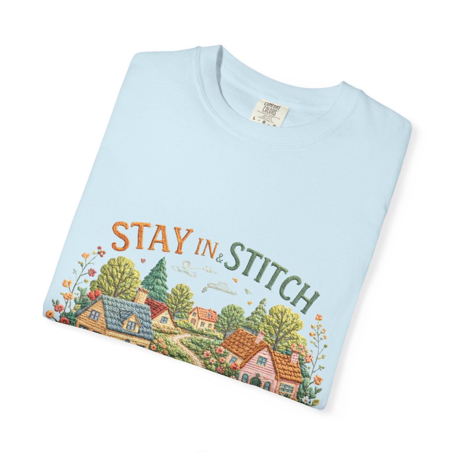 Stay In and Stitch Shirt, Cottagecore Sewing Tee, Grandma Hobbies Top, Vintage Cross Stitch Floral Village