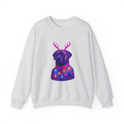 Neon Reindeer English Mastiff Sweatshirt | Dog with Antlers, Holiday Lights Sweater