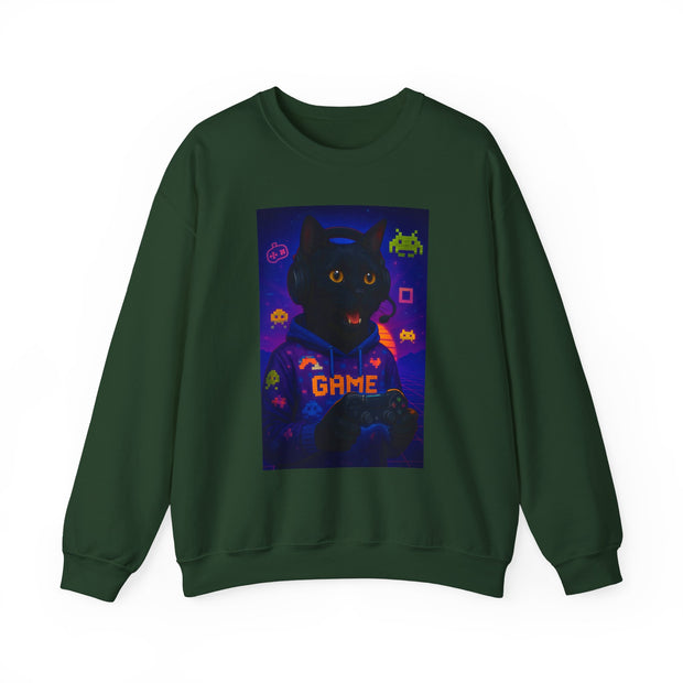 Cozy Gamer Cat Sweatshirt - Unisex Heavy Blend™ Crewneck, Perfect for Gaming Nights, Halloween, Cat Lovers, Gift Ideas, Comfortable Wear