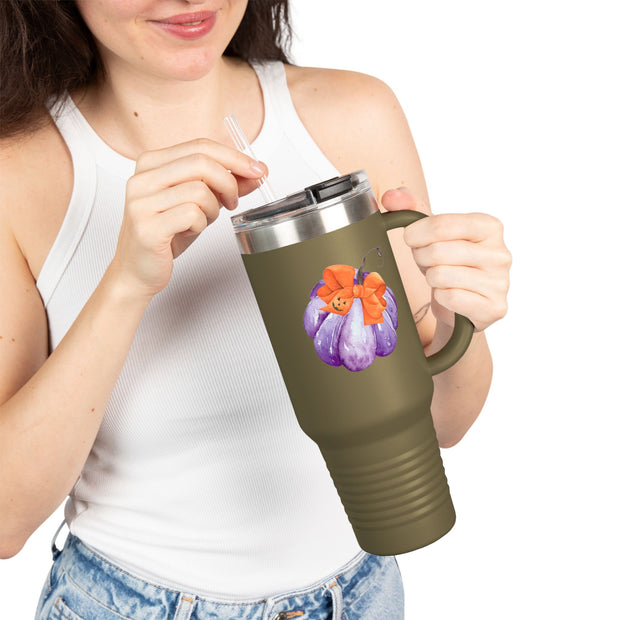 Purple Pumpkin Wrapped In A Bow Insulated Travel Mug, 40oz