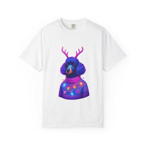 Poodle with Antlers in Light-Up Sweater T-Shirt | Neon Holiday Dog Design