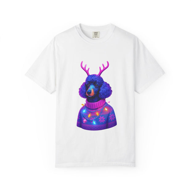 Poodle with Antlers in Light-Up Sweater T-Shirt | Neon Holiday Dog Design