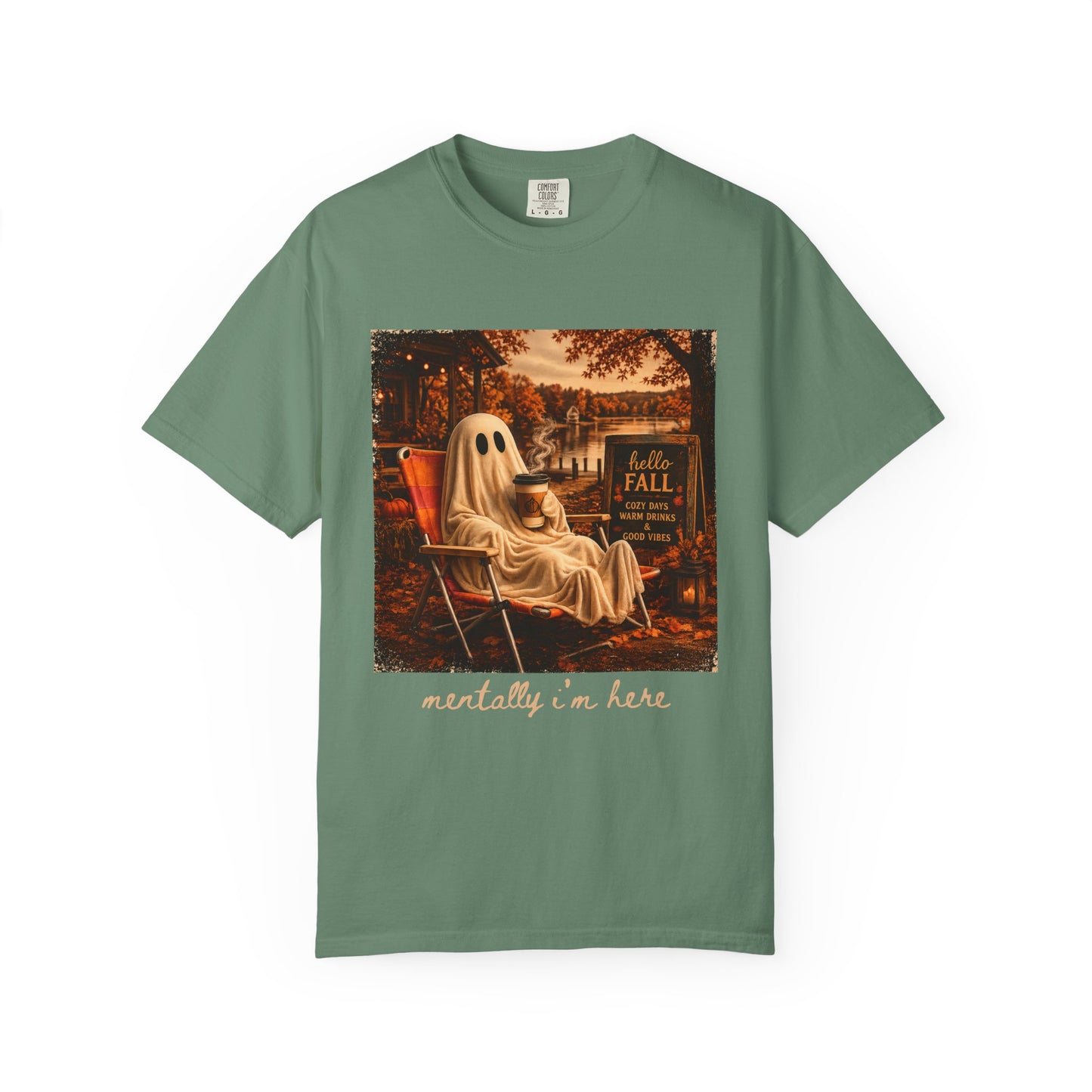 Cozy Ghost in Chair Fall T-shirt | Autumn Leaves, Retro Halloween Scene, Summerween