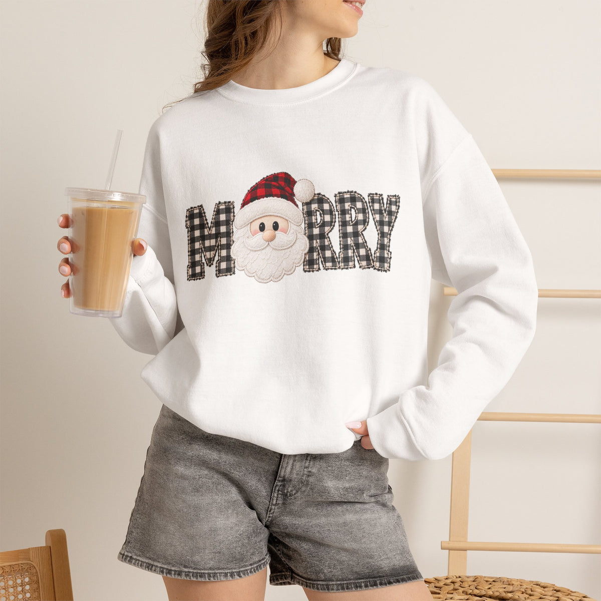 Merry Christmas Sweatshirt, Santa Christmas Crewneck, Plaid Holiday Sweater, Cute Santa Shirt, Cozy Christmas Gift for Her