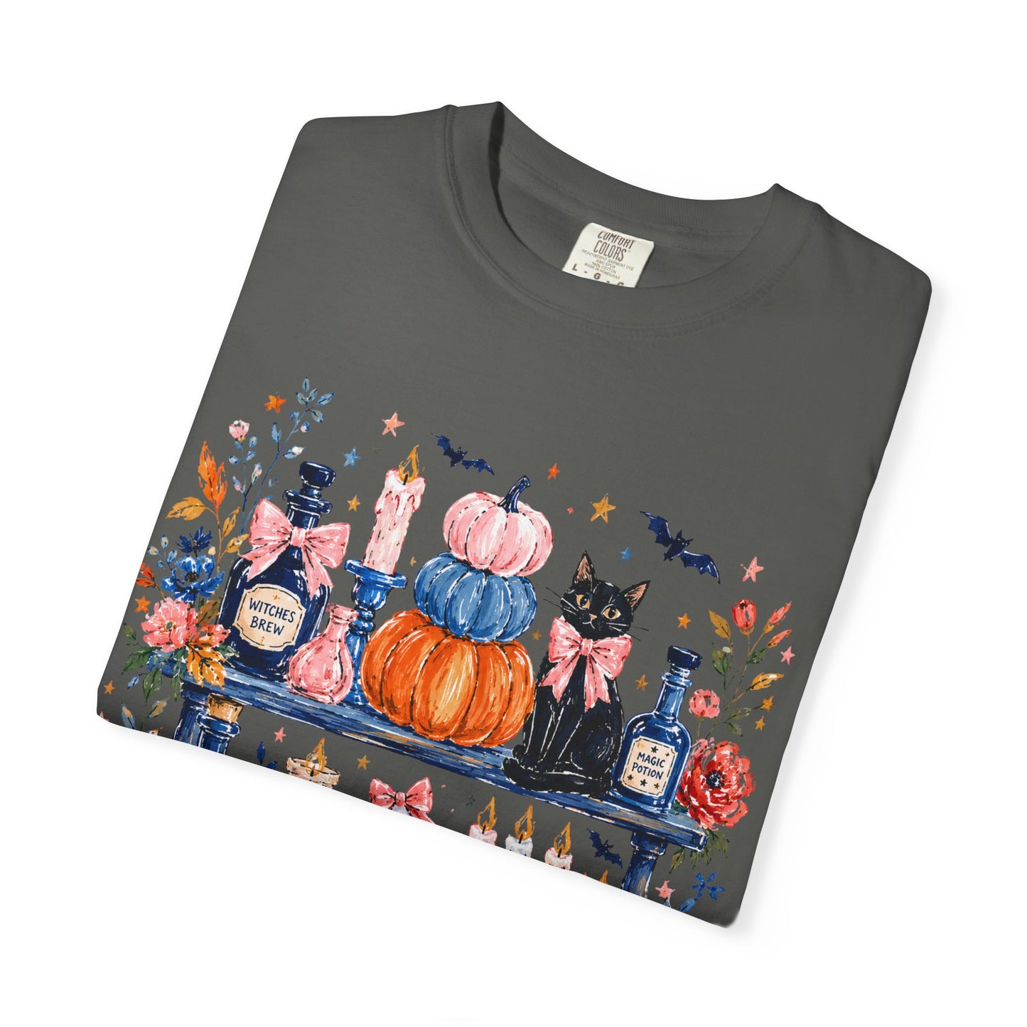 Autumn Apothecary Illustration T-shirt | Pumpkins, Black Cat, Potion Bottles