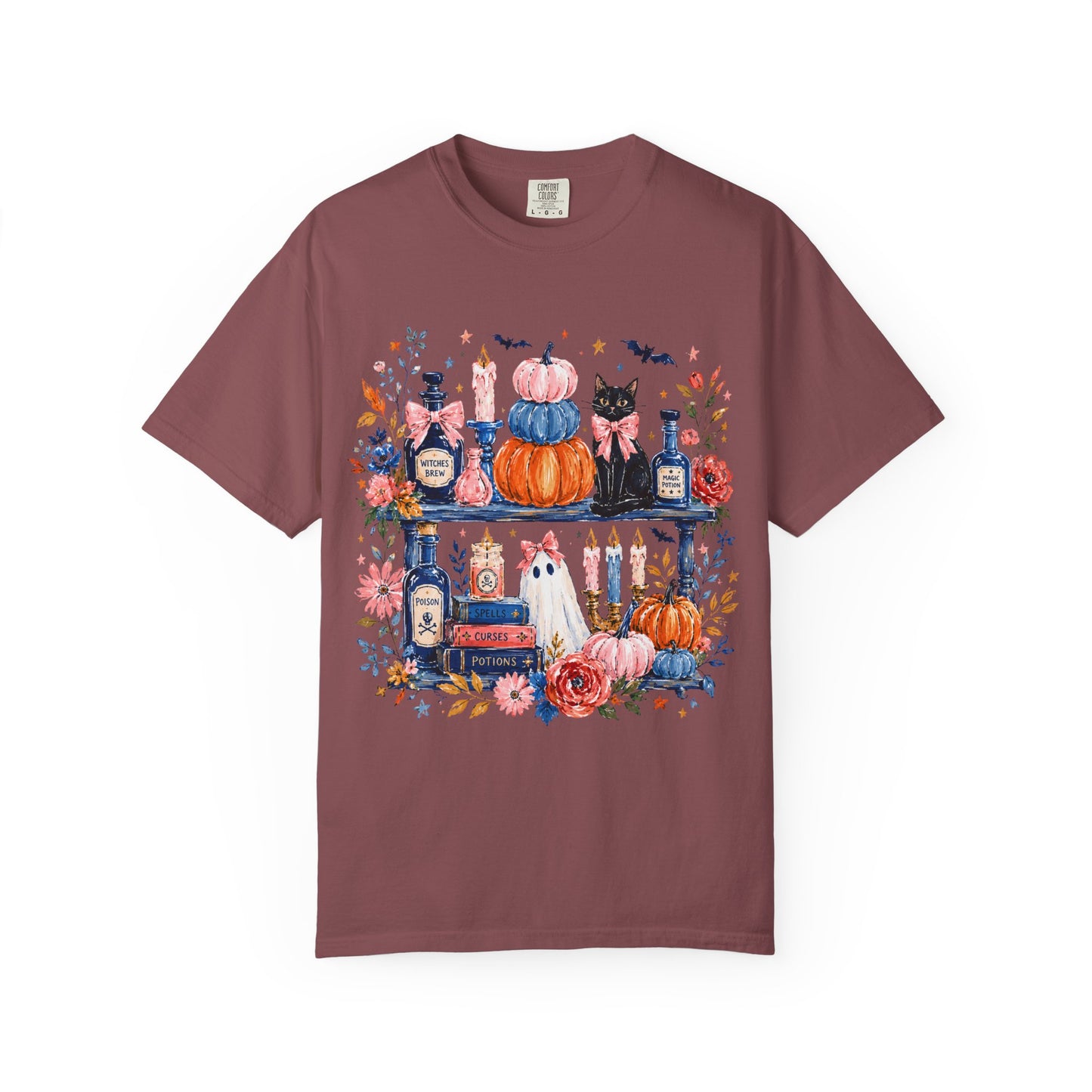 Autumn Apothecary Illustration T-shirt | Pumpkins, Black Cat, Potion Bottles