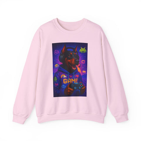 Gaming Doberman Graphic Crewneck Sweatshirt | Retro Arcade Dog Gamer