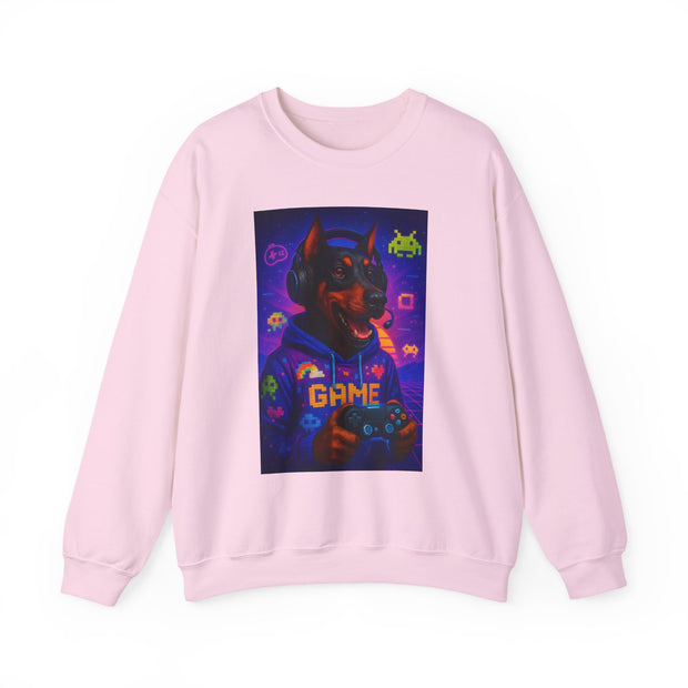 Gaming Doberman Graphic Crewneck Sweatshirt | Retro Arcade Dog Gamer