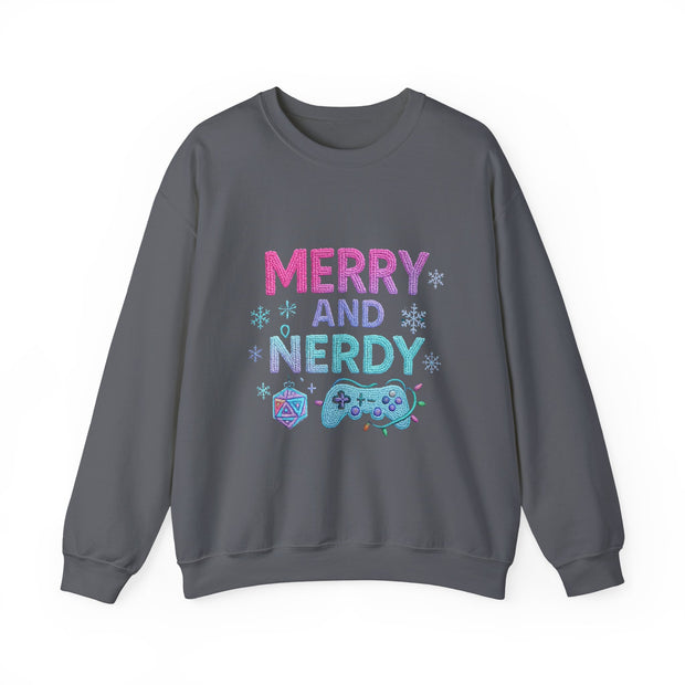 Festive Gamer Crewneck Sweatshirt - Merry and Nerdy, Unisex Sweatshirt, Holiday Apparel, Gaming Sweatshirt, Cozy Gift for Gamers