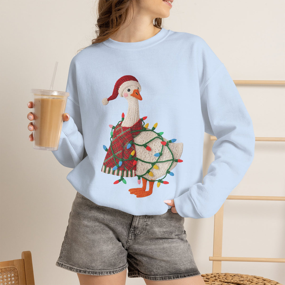 Christmas Goose Wearing Santa Hat Crewneck Sweatshirt | Holiday Duck in Lights