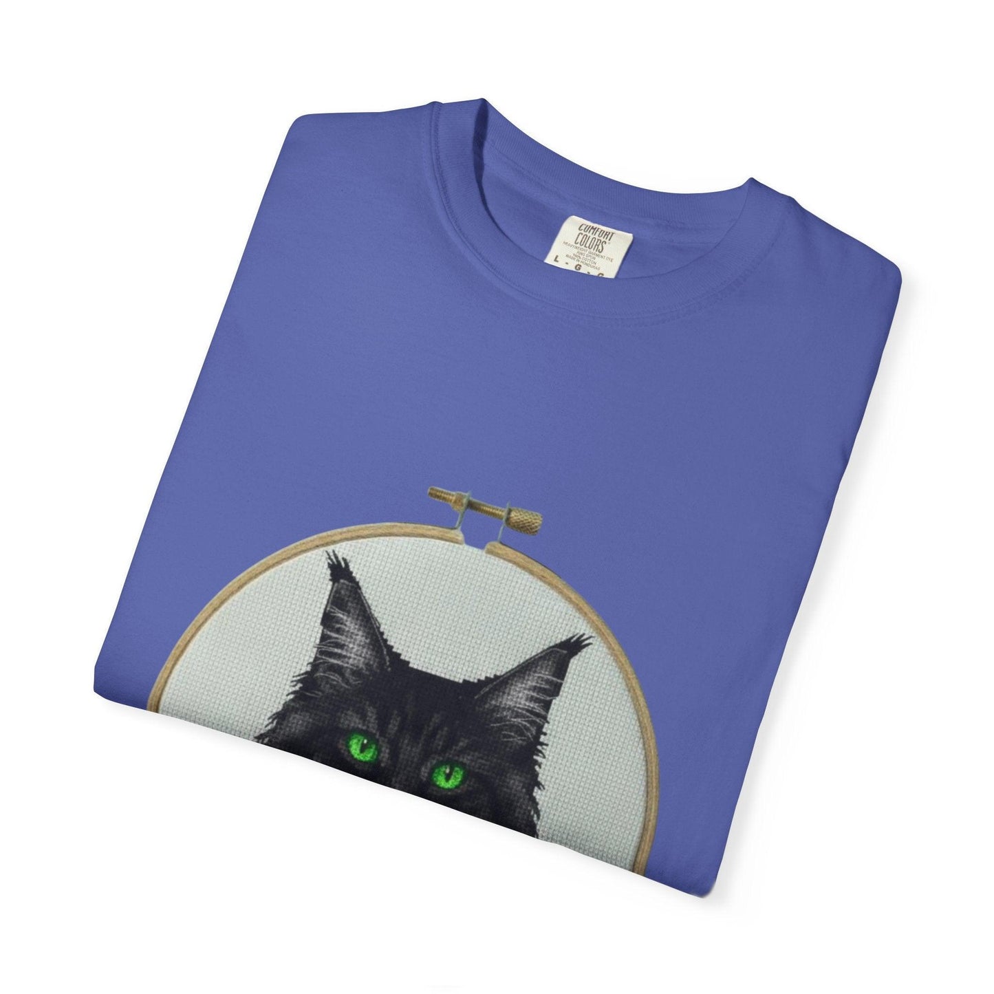 Black Cat Portrait T-Shirt | Embroidery Hoop Art, Green Eyes