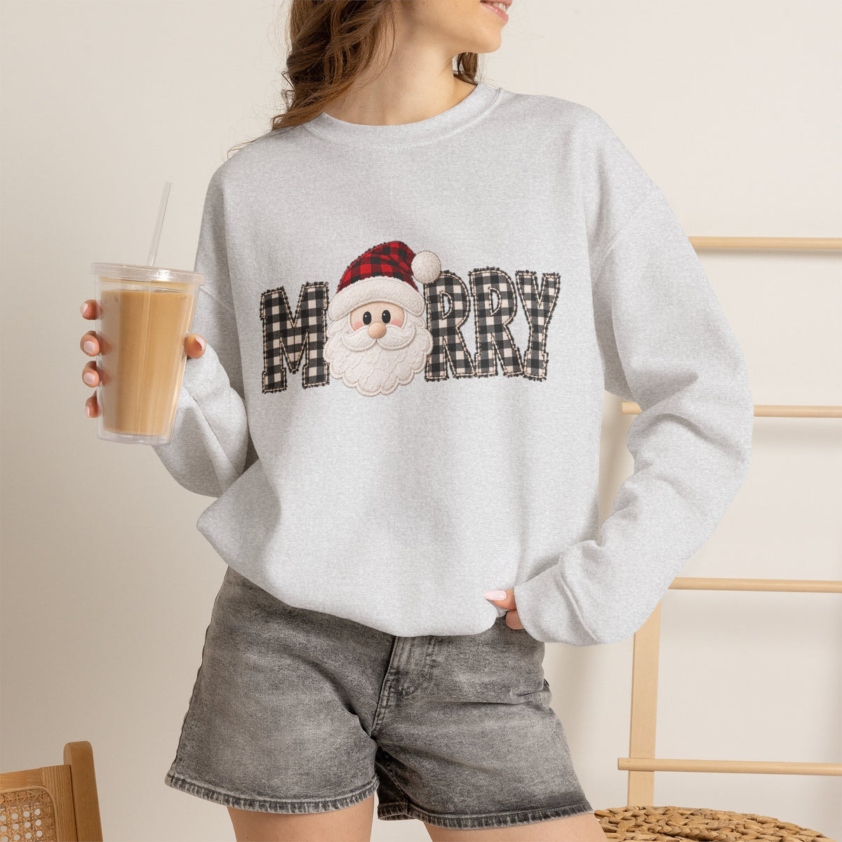 Merry Christmas Sweatshirt, Santa Christmas Crewneck, Plaid Holiday Sweater, Cute Santa Shirt, Cozy Christmas Gift for Her