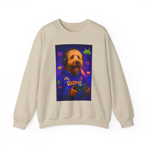 Gaming Golden Doodle Illustration Crewneck Sweatshirt | Retro Arcade Gamer
