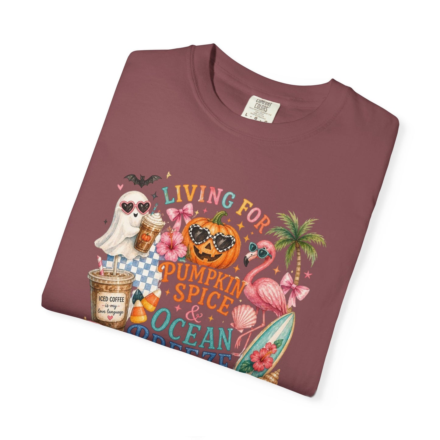 Pumpkin Spice & Ocean Breeze T-Shirt, Summerween Flamingo Shirt, Halloween Beach Tee, Tropical Spooky Season Graphic, Fall Vacation Shirt