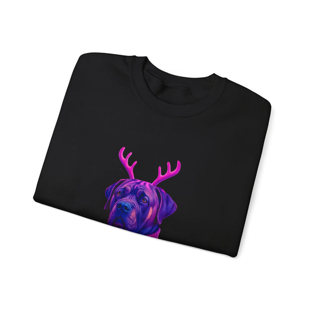Neon Reindeer English Mastiff Sweatshirt | Dog with Antlers, Holiday Lights Sweater