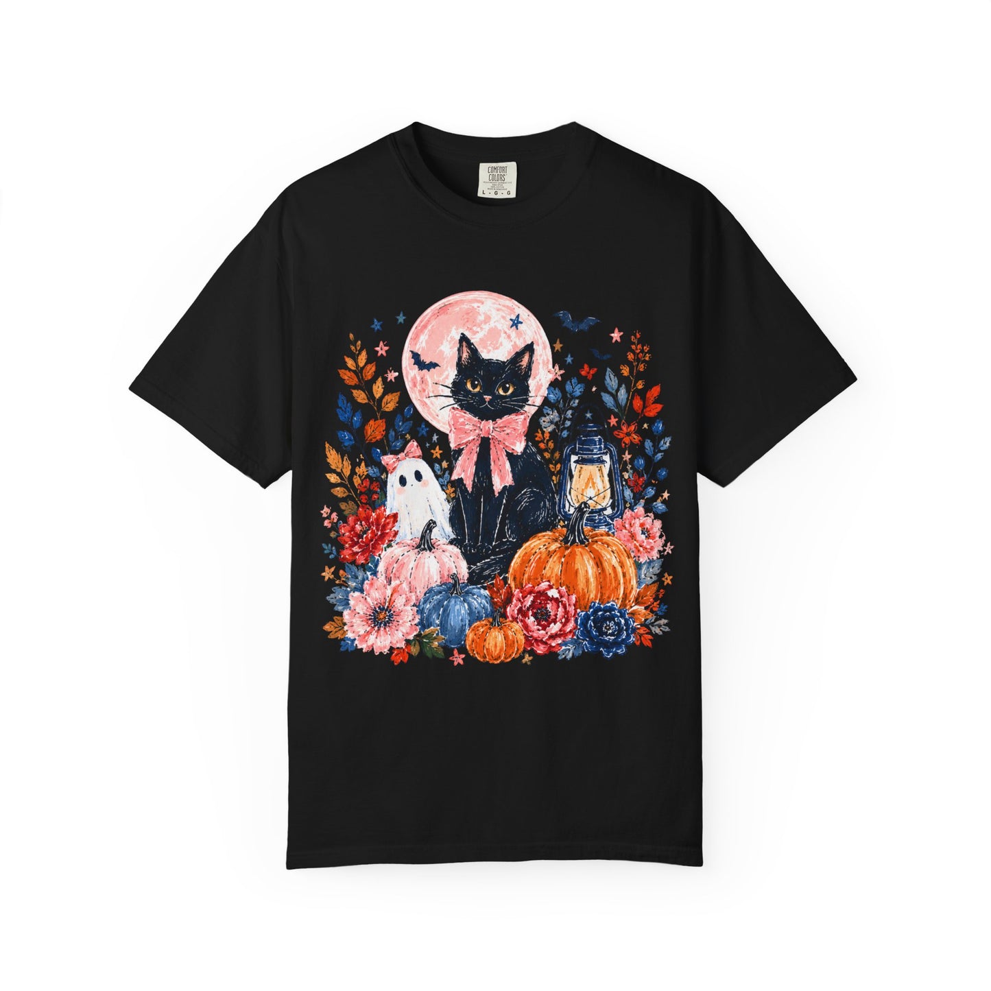 Black Cat with Pumpkins T-shirt | Halloween Moon Lantern Floral Design
