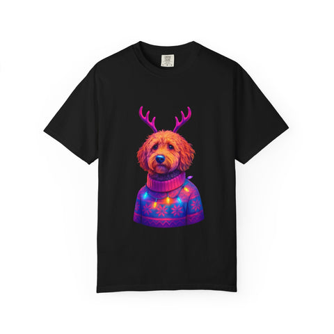 Golden Doodle in Reindeer Antler Sweater T-Shirt | Holiday Dog Portrait