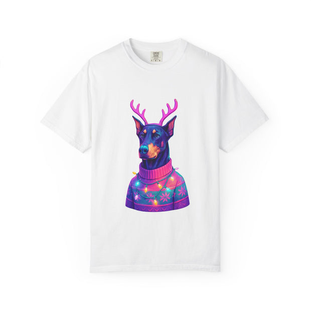 Festive Doberman Holiday T-Shirt, Christmas Shirt, Unisex Gift, Funny Pet Apparel, Cozy Winter Wear, Animal Lover Tee