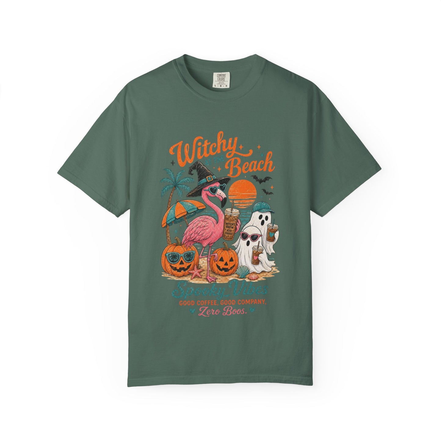 Witchy at the Beach T-shirt | Spooky Vibes Halloween Flamingo Design