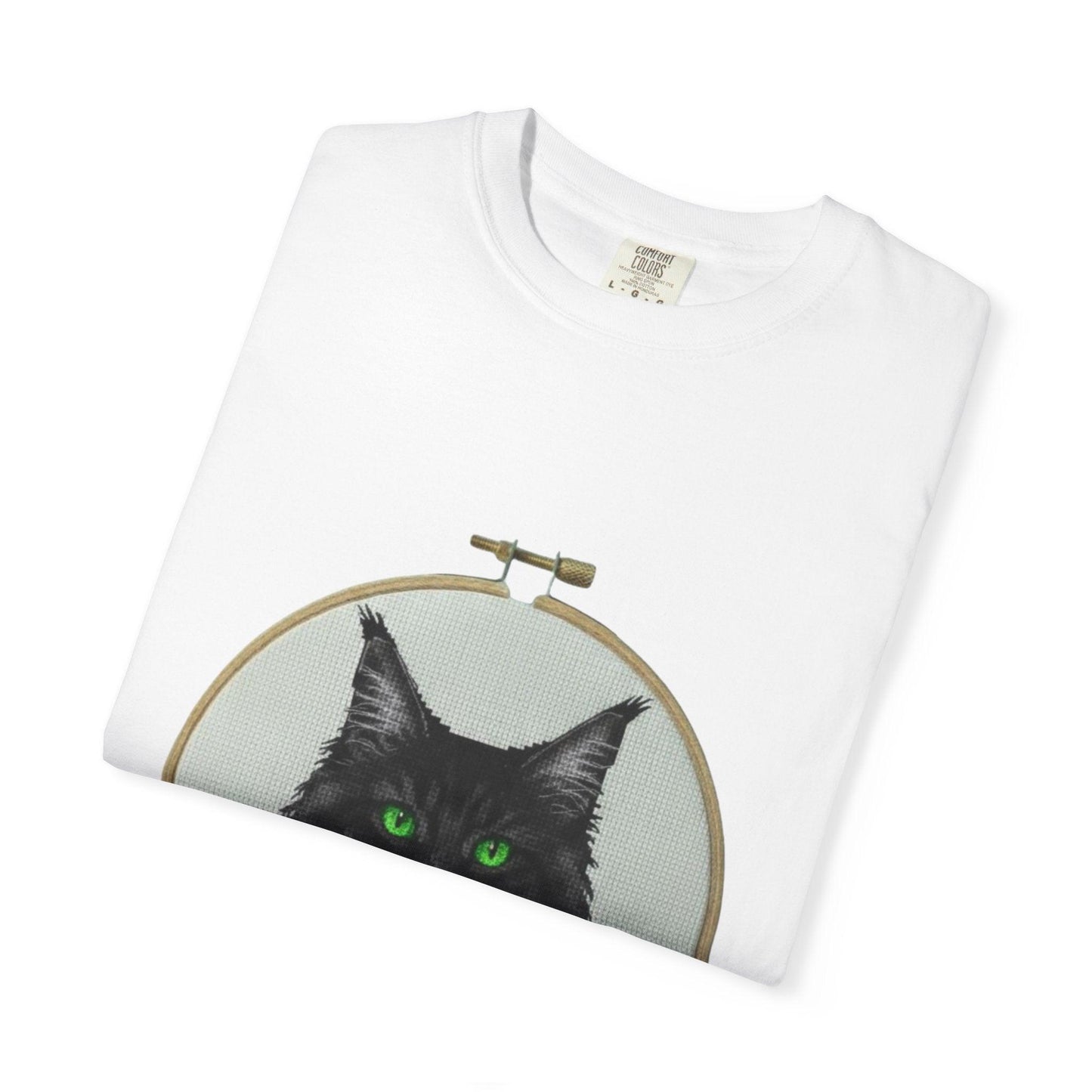 Black Cat Portrait T-Shirt | Embroidery Hoop Art, Green Eyes